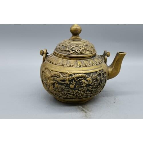 Antique Old China Mark Dragon and Phoenix Brass Teapot Bronze
