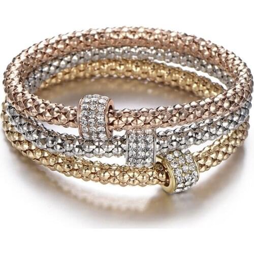 Corn Chain Bracelet Bangles 3 Color Set Crystal Rhinestone Zircon Elastic Popcorn Bracelet Ladies Fashion Jewelry Accessories