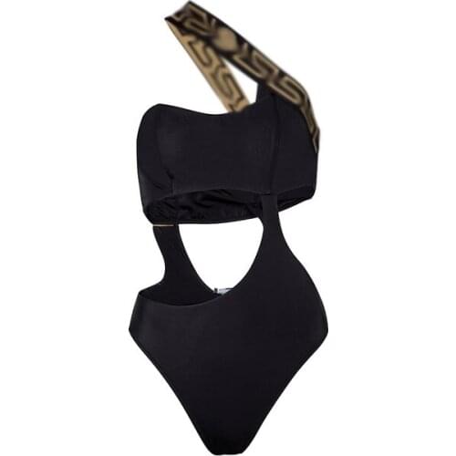 One Piece Bikini Fashion Design Sexy Halter Swimsuit Hollow Printed Shoulder Strap Push Up Women Beach Bathing Suit Swim Wear