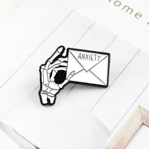 White Skeleton Hand Envelope Brooch ANXIETY Dead Letter Enamel Pin Denim Leather Lapel Badge Halloween Jewelry