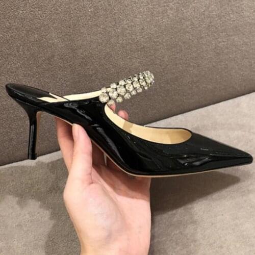 European Rhinestones Patent Leather Ladies Slides High Heels Slippers Women Sandalias Mujer Summer Mules Shoes Slingback Pumps