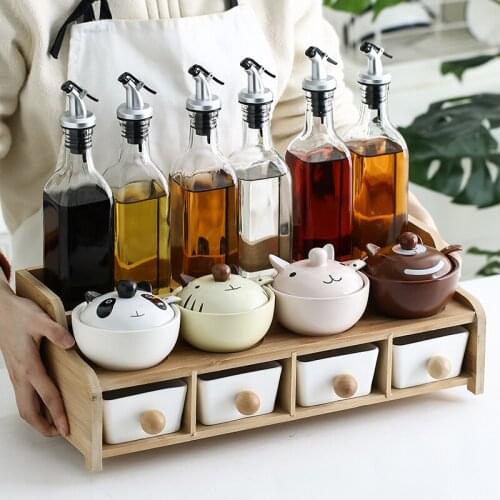 Kitchen Seasoning Jar Japanese-Style Creative Household Storage Rack Ceramic Salt Shaker Set Glass Oil Bottle Seasoning Box