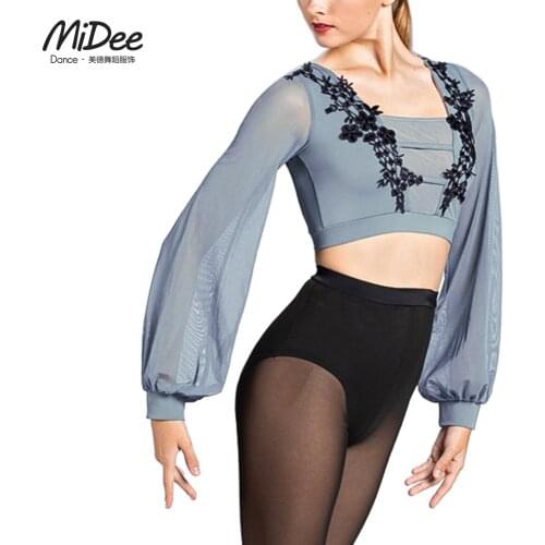 MiDee Modern Ballet Dance Tops Adult Puff Bell Long Sleeves Mesh Coat Belly Dance Competition Performance Costume for Girl Women