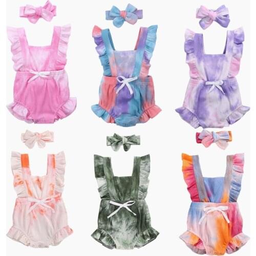 2020 Lovely Newborn Infant Baby Girls Bodysuits Summer Outfits Sleeveless Gradient Ruffled Romper + Headband 2Pcs Clothes