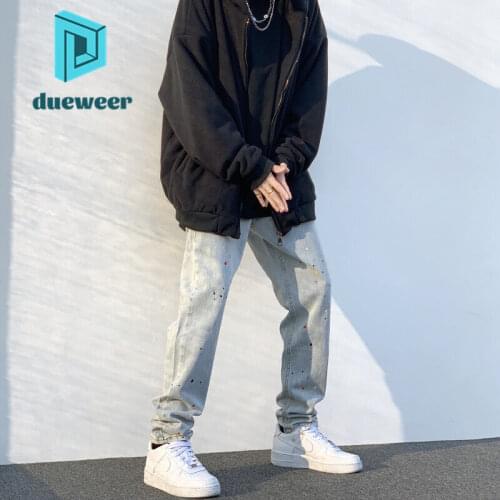 DUEWEER Mens Straight Jeans Splash Ink Distressed Light Blue Trousers Hip Hop Stretch Jeans Men Loose Baggy Casual Denim Pants