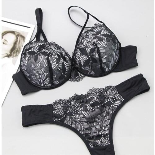 New Sexy Embroidery Floral Plus Size Double Shoulder Strap Bra Sets Deep V-Neck Women Push Up Underwear