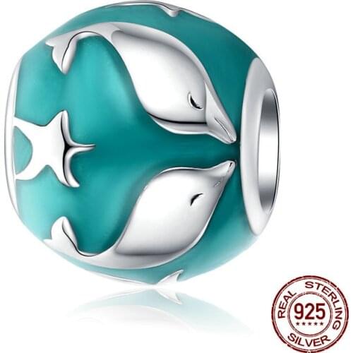 Ocean Series Dolphin Round Bead Charm fit bangle Original Bracelet Making Women 925 Sterling Silver senior Jewelry