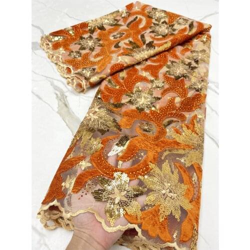 Orange African Lace French Velvet Lace Fabric 2021 Embroidery Tulle Lace Fabrics With Sequins For Nigeria Wedding Dress 3808B