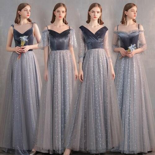 Bridesmaids Dresses Vintage Sleeveless V-Neck Sequined Spaghetti Straps Illusion Gray Lace Tulle Women Wedding Party Gown E413