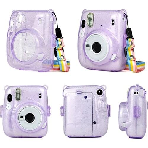 Transparent Dust-proof Scratch Resistant Camera Protective Glitter Shell with Adjustable Lanyard for Instax Mini 11 Mini 8/9