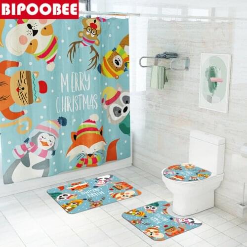 Merry Christmas Bathroom Curtain Set Animal Print Festival Decor Toilet Cover Non-slip Carpet Bath Mat Fabric Shower Curtains