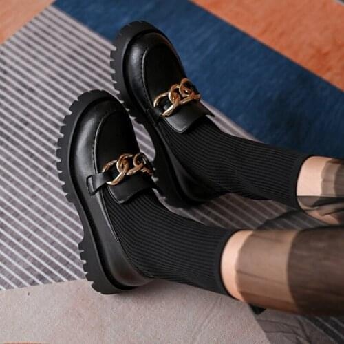 2021 Cow Leather Sock Stretch Boots Women mid-calf Boots Autumn Winter Fashion Concise Casual Low Heels Black Shoes Woman