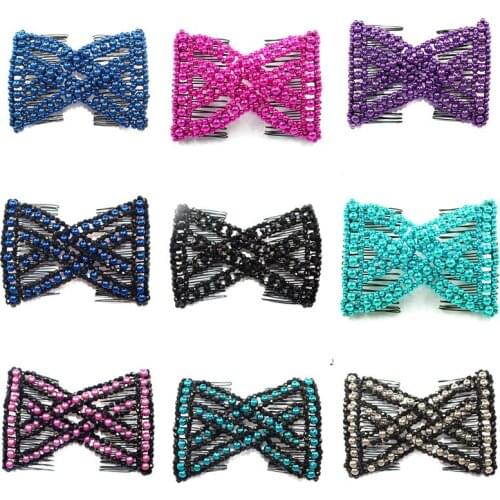 Women Pearl Beads Elastic Hair Combs Double Slide Magic Bun DIY Hairstyle Making Tool Metal Novelty Hair Clip Accessories Combs