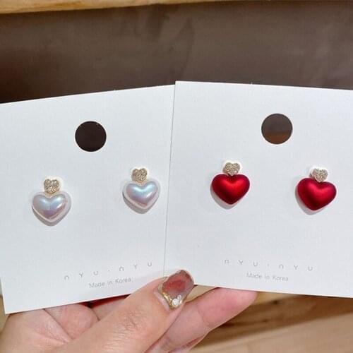 Korean Simple Fashion White Red Pearl Love Heart Stud Earrings for Women Charm Zircon Earrings 2021 Engagement Jewelry