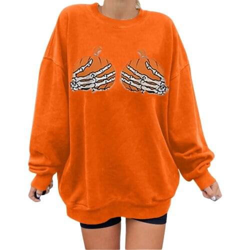 Halloween Sweatshirt Pumpkin Skeleton Print Women Sweatshirts Fall Winter Long Sleeve Ladies Pullovers Streetwear Top Moletom N4