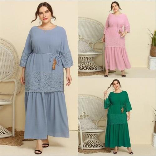 Women Spring Autumn Long Dress Lace Patchwork Loose Plus Size Party Evening Abaya Muslim Turkish Middle East Kaftan Turkish New