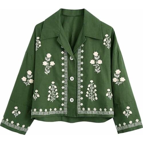 2021 Womens Fashion Commuting Wind Flowers Embroidery Flax Decorate Army Green Lapel Single Row Buttons Short Coat