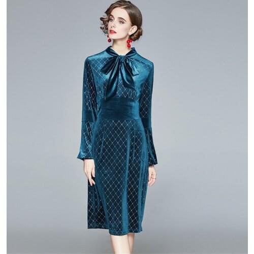 Winter Dress Women Lantern Sleeve Bow Neck Designer Dresses Ladies Office Elegant Dress HIgh Quality Fashion Robe Femme