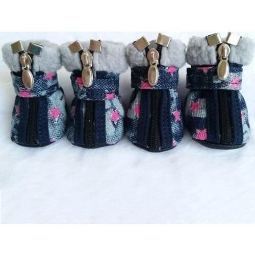 Pet Winter Shoes Thicken Warm Zipper Shoes Dogs Supplies Snow Boots Puppy Sneakers Soft Safety Cute Star Denim Plush Velvet Shoe