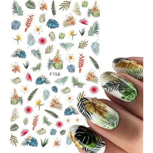1pc Green Leaves Nail Foil Stickers Autumn Gold Flower With Lines Transfer Decals Slider Nails Art Decoration DIY Manicures