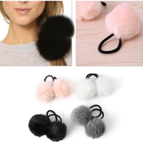 2X Faux Rabbit Fur Pompom Ball Hair Scrunchie Elastic Ponytail Holder Hair Band Hair Accessories 2020