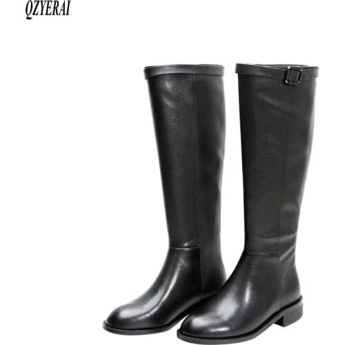 2021 Winter New style Genuine leather Knee high boots Women boots Motorcycle boots outdoor warm Real cowhide Women shoes