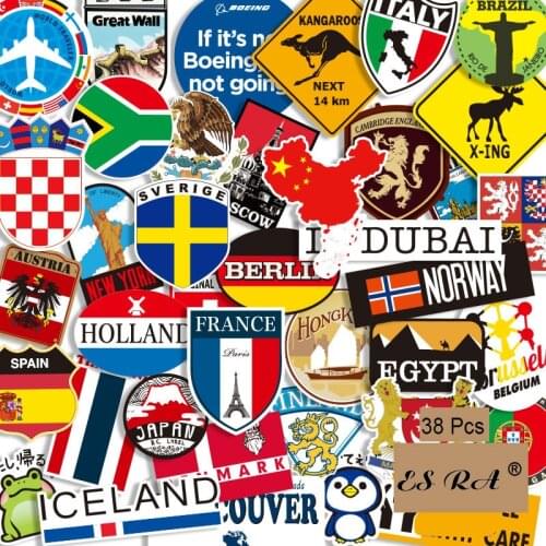 38Pcs/Set Luggage Stickers Set Countries Cities Travel Pegatinas Toys PVC Waterproof Decal Fridge Skateboard Room Decorate