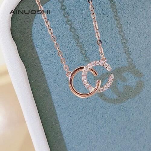 AINUOSHI Handmade 18K Gold 0.06ct Real Diamond Letter CC Name Geometric Necklace for Women Charm Fashion Jewelry 18