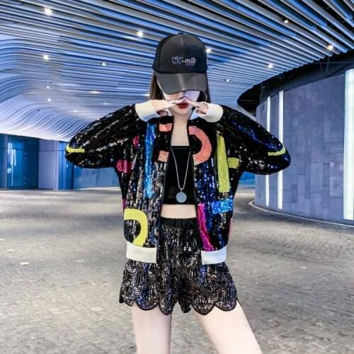 Baseball Sequined Jackets Womens 2021 Spring Fashion Brand Loose Short Coat Korean Style Hip-Hop Dance Jacket Top Black Casaco