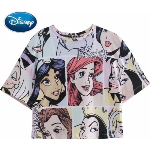 Disney T-shirt Short Sleeve Women Casual Tee Tops Print Fashion Cinderella Aladdin JASMINE Ariel Princess Cartoon Snow White