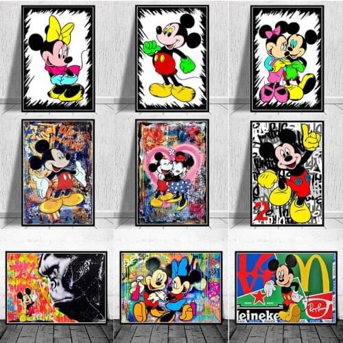 Graffiti Paintings Mickey Minnie Hold Hand Anime Poster Prints Cartoon Black and White Picture on The Canvas for Home Decor
