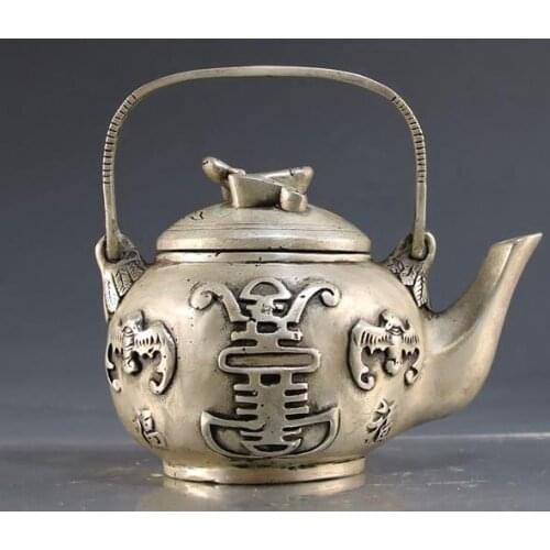 Collection QingDynasty silver carved Bat Teapot ornaments,Hand carving crafts,best adornment & collection,free shipping