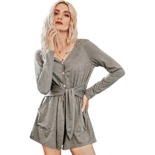 2020 New Fashion Woman Long Sleeve Sashes Jumpsuits Grey Autumn Elegant Pocketed Jumpsuit Short Casual Playsuit Overalls Womens
