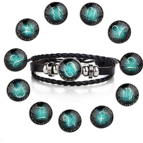 Daisies Vintage Twelve Constellations Pattern Leather Zodiac Bracelet 12 Zodiac Bracelet Weave Rope Bracelets Bijoux Gift