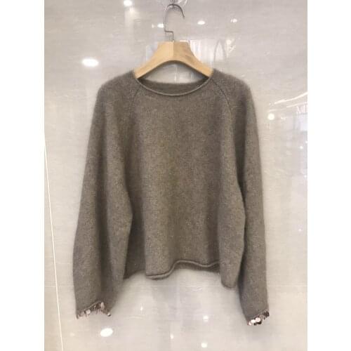 Fashion 2021 new ladies long sleeve sexy casual solid color sequined raccoon velvet sweater 1020