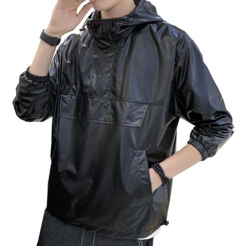 2021 New Mens Autumn Black Casual Jackets Nylon Solid Color Pullover Coats Waterproof Loose Streetwear Top Windbreaker Clothing