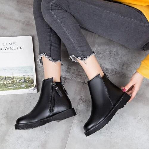 New Winter Black Leather Boots Platform Thick Sole Square Low Heels Ankle Boots for Women Shoes Woman Tassel Zipper Women Boots