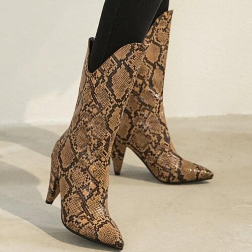 New Style Snakeskin Pattern Mid Calf Boots Lady PU Autumn Winter Slip On Loose Warm Boots Female Pointed High Heel Women Shoes
