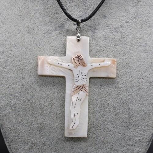 Natural Shell Cross Shape White Wax Thread Necklace Pendants Charms for Women Gift Size 45x65mm Length 55cm