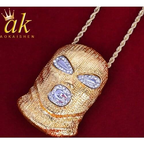 Mask Pendant Necklace Gold Color Cubic Zircon Steel Crystal Bling Hip Hop Punk Rock Street Jewelry