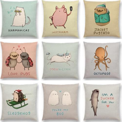 Hot Sale Cute Cartoon Animals Interesting Words Happy Letters Funny Nickname Cat Dog Pug Cushion Cover Sofa Throw Pillow Case