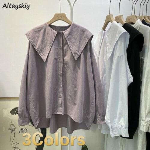 Shirts Womens Solid Autumn Peter Pan Collar Lovely Loose Leisure Daily Harajuku Ulzzang Kawaii Students Retro Blouses Female New