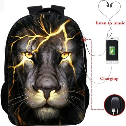 3d Lion USB Charging Backpacks Day Night Wolf Backpack Teenage Boys Girls Student School Bags Children Shoulder Bags Daily Bag