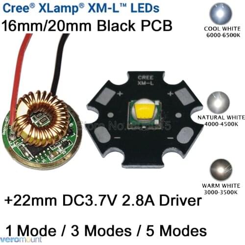 Cree XM-L T6 10W LED Emitter Cool White Neutral White Warm White 20mm Black PCB+ 22mm 2.8A 1 Mode/3 Mode /5 Mode Dimmable Driver