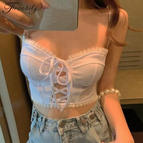 Lace Trim Sexy Crop Tops Tees Women Front Tie Sleeveless Cami Tops Summer White Adjustable Spaghetti Strap Top Party Club