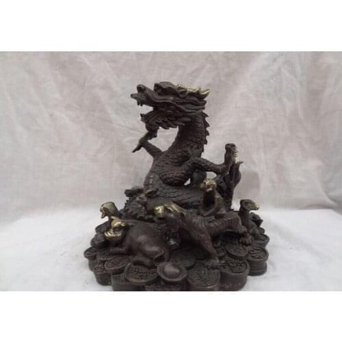 USPS to USA S1280 8" Chinese Zodiac Bronze Wealth Snake Tiger Sheep Bull Horse Set Dragon Statue