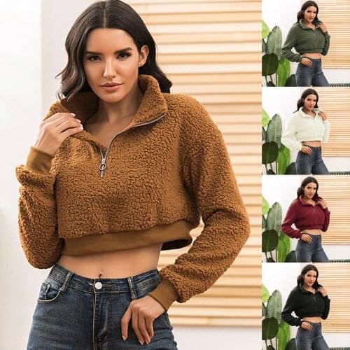 Women Casual Faux Fleece Hoodie Stand Collar Zipper Long Sleeve Short Sweatshirt