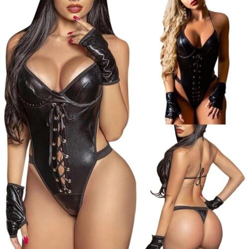 Women Summer Lingerie Solid Color PU Cross-Strap Halter V-Neck Backless Bodysuit for Girlfriend Wife Black