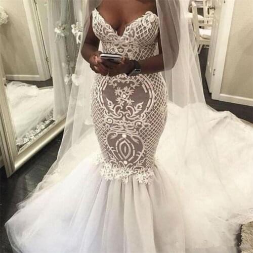 Mermaid Wedding Dresses Plus Size African Lace Appliqued Tulle Sweep Train Bridal Gowns Sweetheart Boho Vestido De Novia