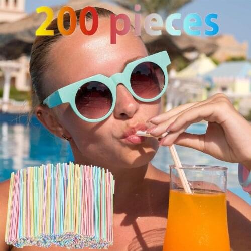 200 Pieces Plastic Drinking Straws Striped Outdoor Travel Portable Tableware Flexible Bendy Disposable Elbow Straws #P2
